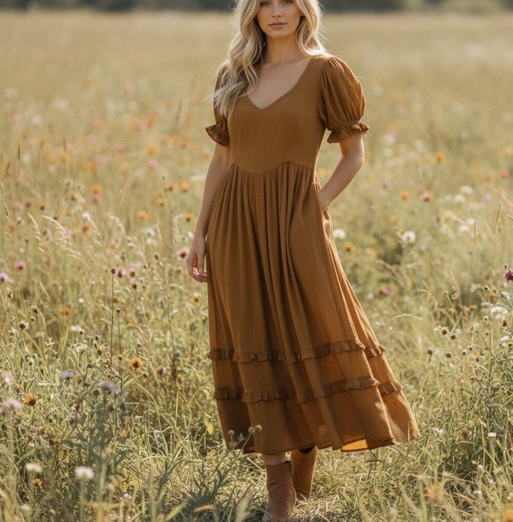 The Odells Brown Tiered Ruffle Prairie Dress MEDIUM Cottage Midi Country $348